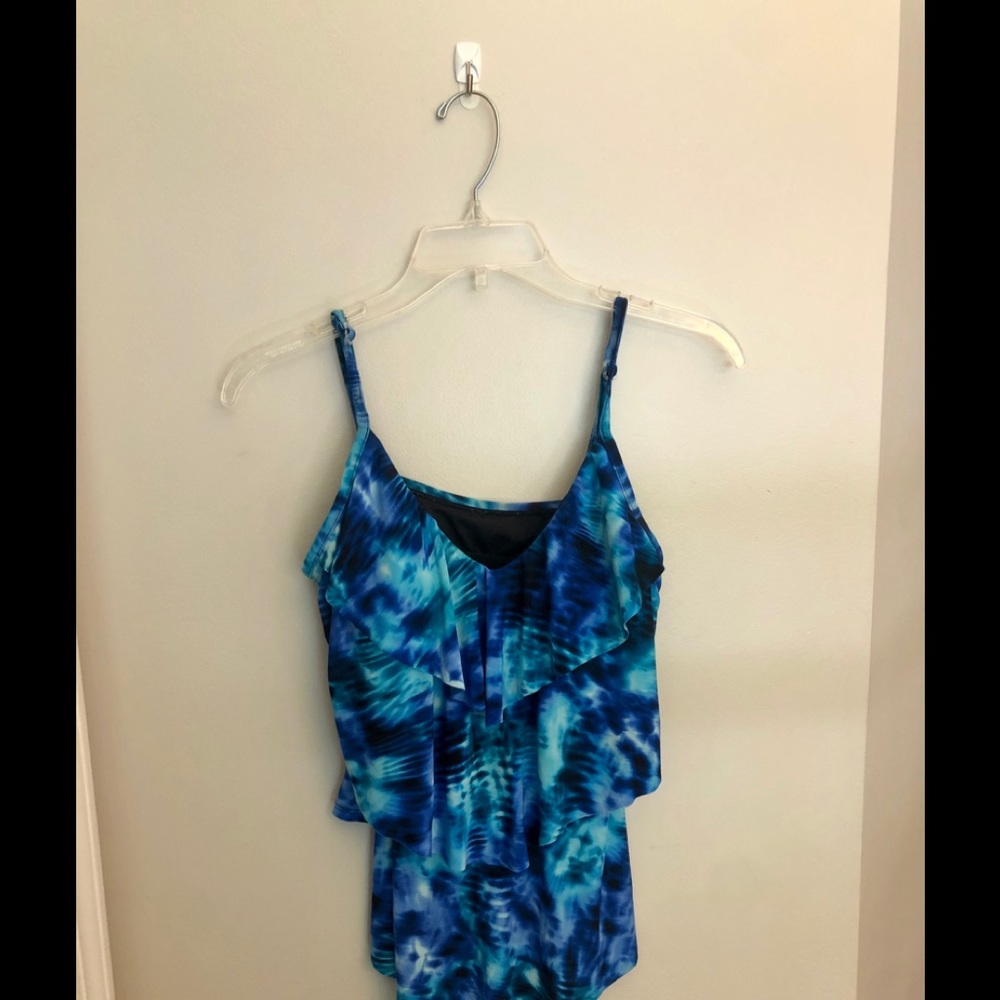 Aqua Green Navy Blue Ruffled Swimsuit Top